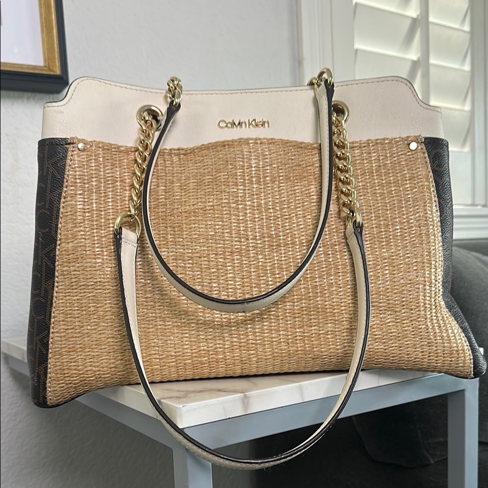 Calvin Klein Logo-Print Canvas, Raffia Accent, Cream Tote Structured Design